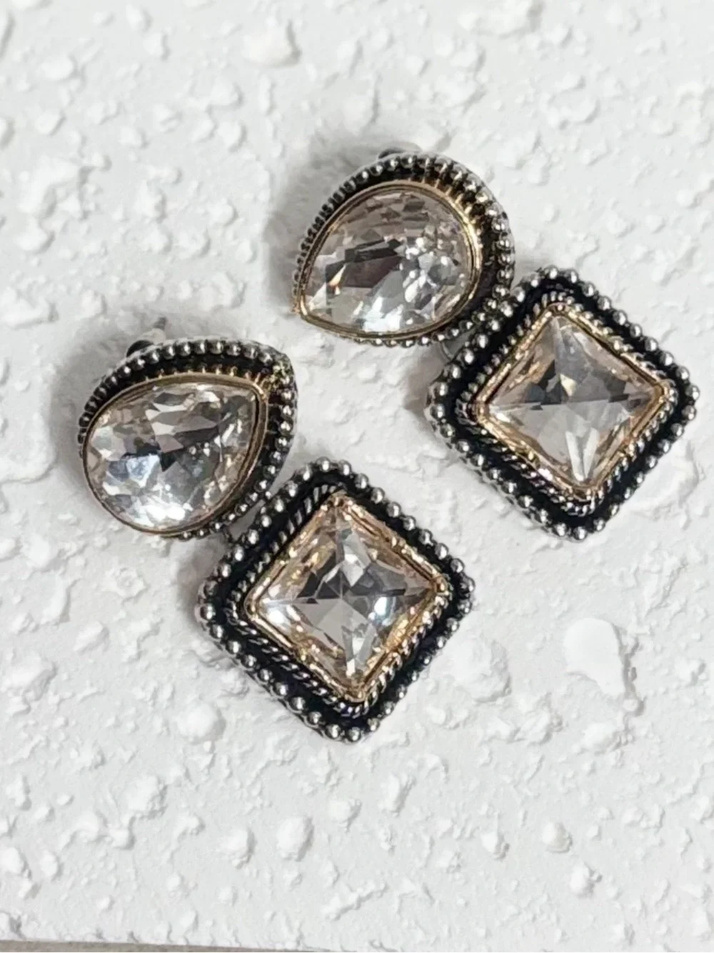 Crystal Drop & Square Statement Earrings - Clear